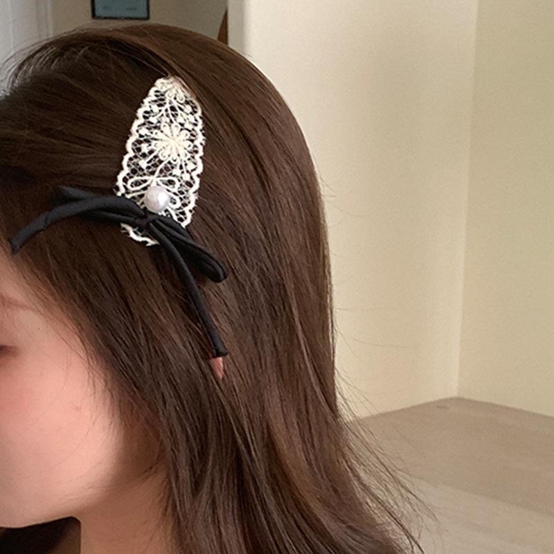 

Кружевная отделка, жемчужный бант, заколка для волос - Корейская ретро-универсальная боковая заколка для челки