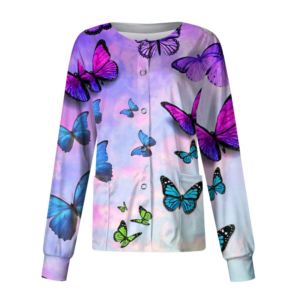 Women Long Sleeve  Print Pattern Pocket Working Stand-up Collar Single-breasted Protective Overalls Cardigan Jacket Top