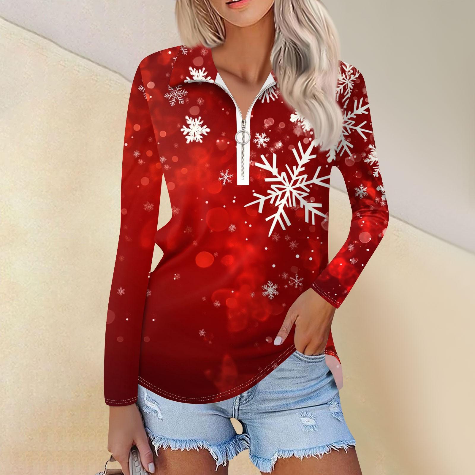 

Женская мода весна осень повседневная рождественская принтованная молния V-образный вырез длинный рукав рубашка топ XXXL красный
