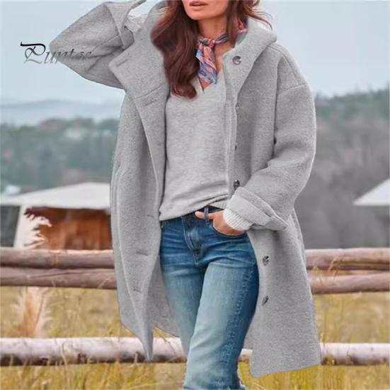 Women Casual Style Jacket Fall Winter Overcoat Hooded Single-breasted Pockets Long Sleeves Windbreaker Mid Warm Length Thick Windproof Solid