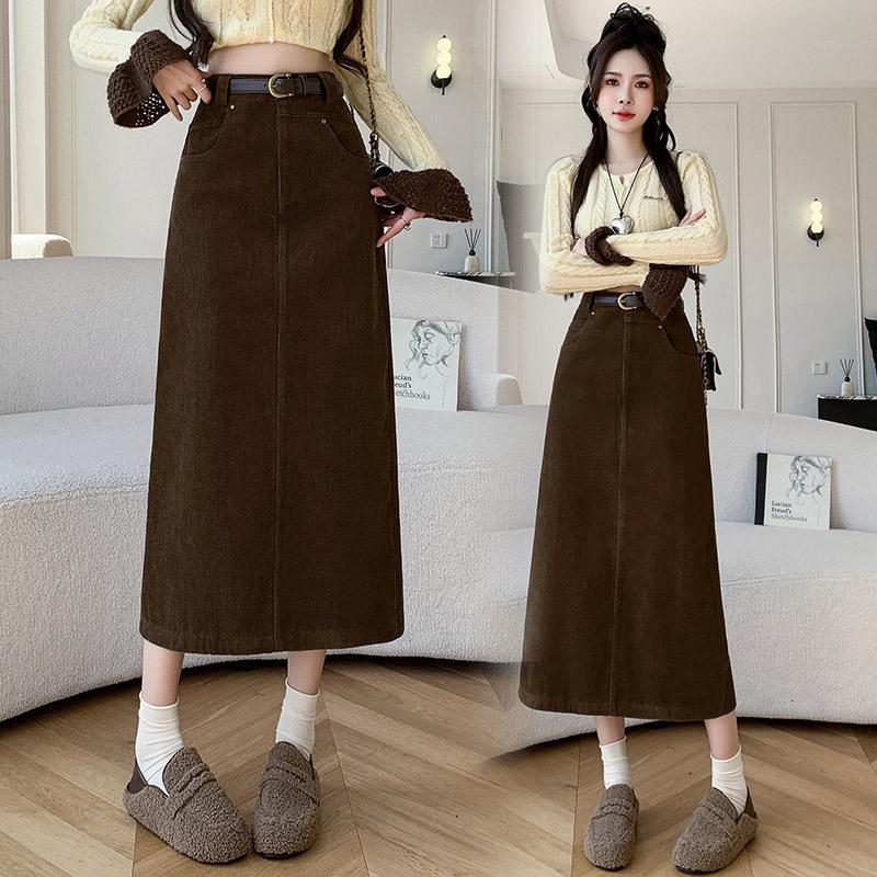Women s High-Waisted Corduroy Skirt: 2025 Retro Hepburn Style Mid-Length for Autumn/Winter L