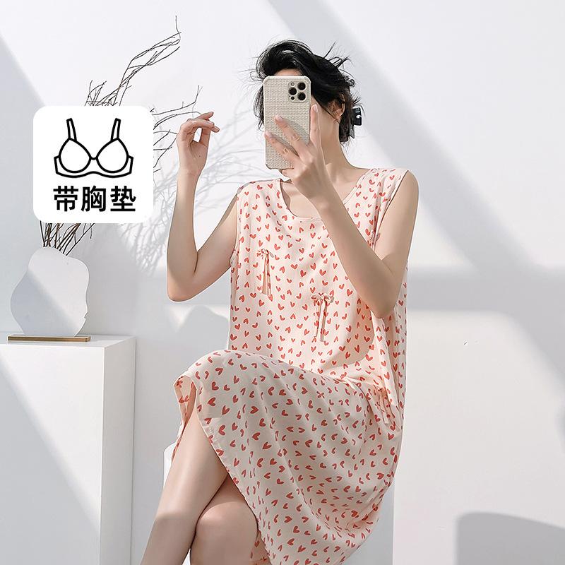 New 11-year-old nightgown women's summer with chest pad cotton and silk sleeveless vest pajamas thin summer women's summer home