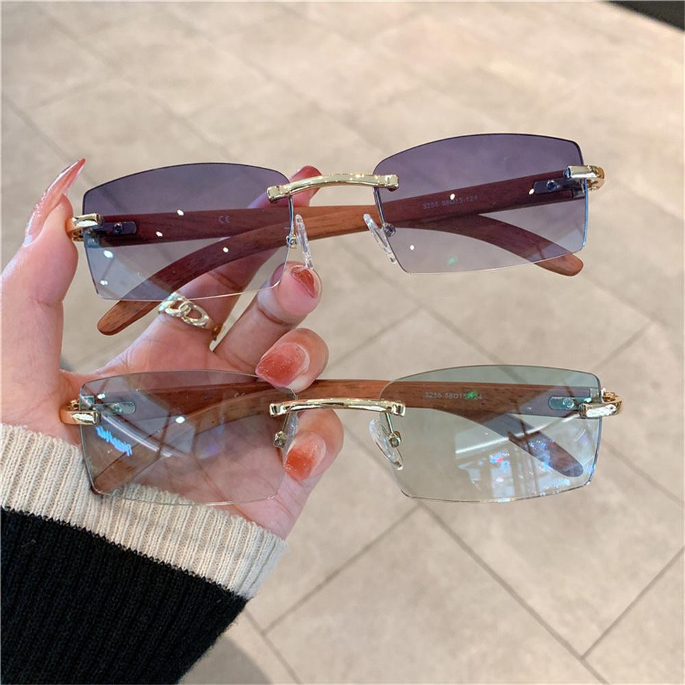 Rimless Sunglasses For Women Men Rectangle Sun Glasses Retro Trendy Wooden Frame Eyewear Outdoor Sun Protection Shade UV400