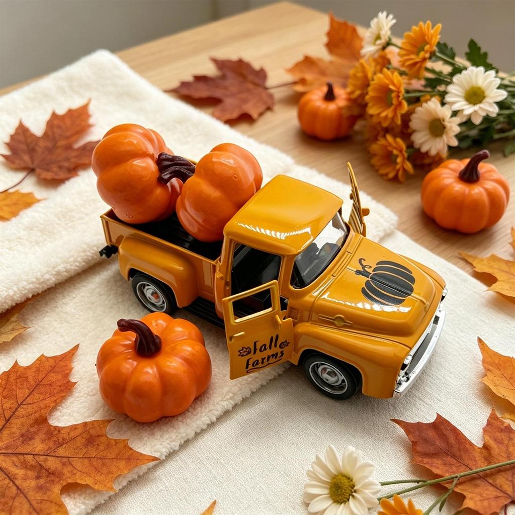 Modellino di Camion Arancione Vintage in Metallo con 3 Zucche in Schiuma e Decorazioni per Festa di Halloween