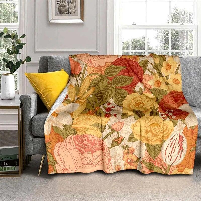 Módní přikrývka se zářivými květinami – lehký flanelový přehoz na pohovku, přikrývka s digitálním potiskem s měkkou a červotočivou flanelovou látkou