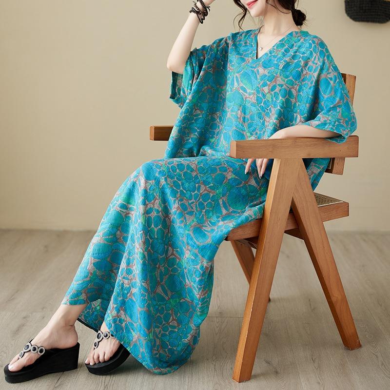 Real shot summer thin cotton and linen v-neck large size loose literary beach dress retro long robe