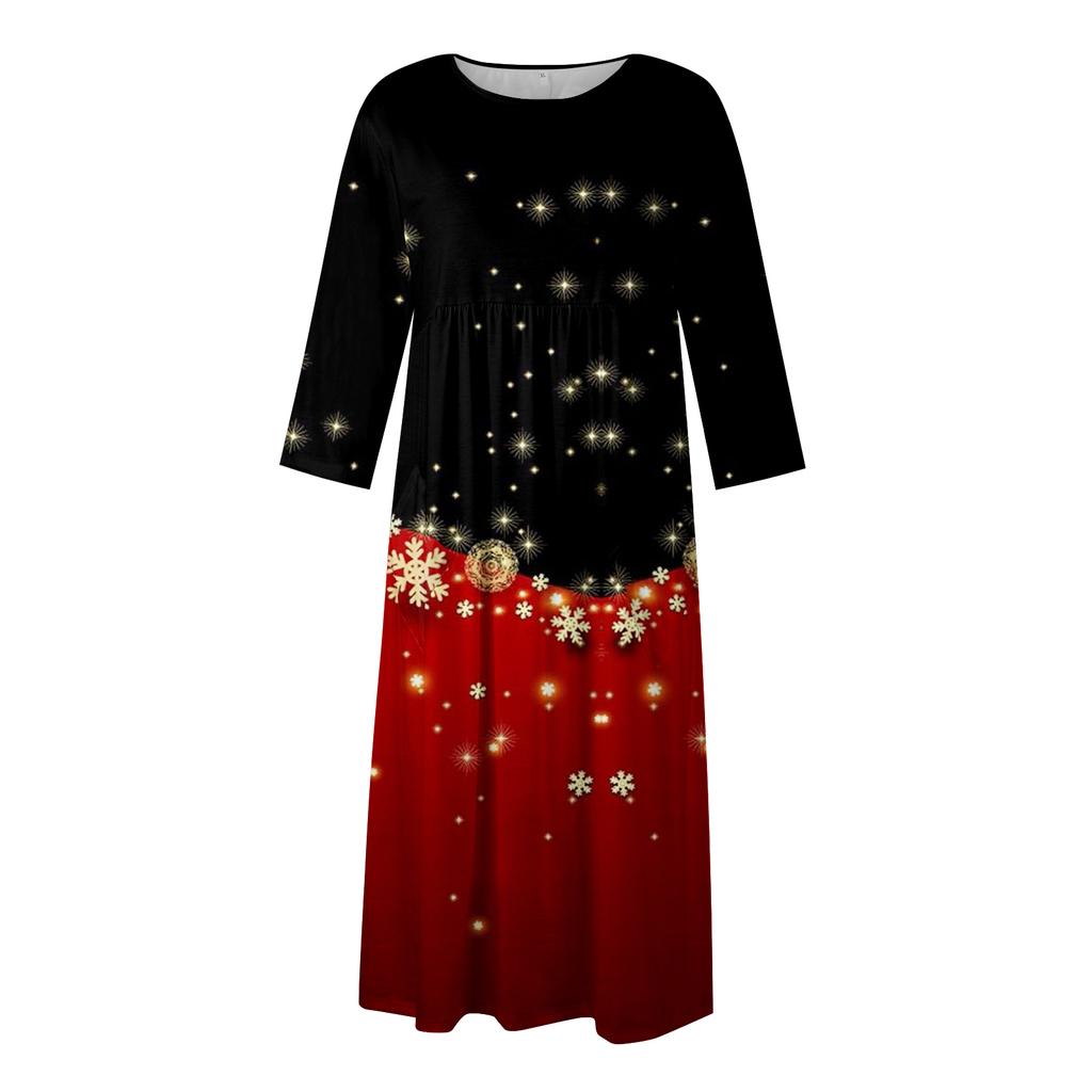 Women's Casual Round Neck Christmas Print Midi Dress Long Sleeve Pocket Dress