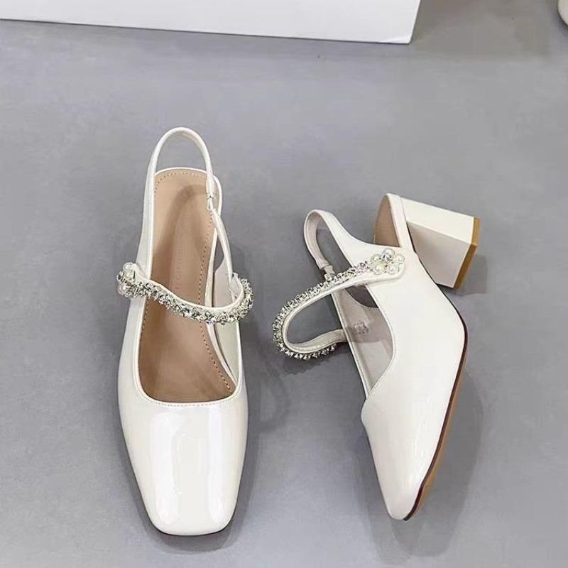 Fashion Champagne Gold One Strap Block Heel Baotou Sandals Mary Jane Women's Shoes 2025 Summer New Rhinestone
