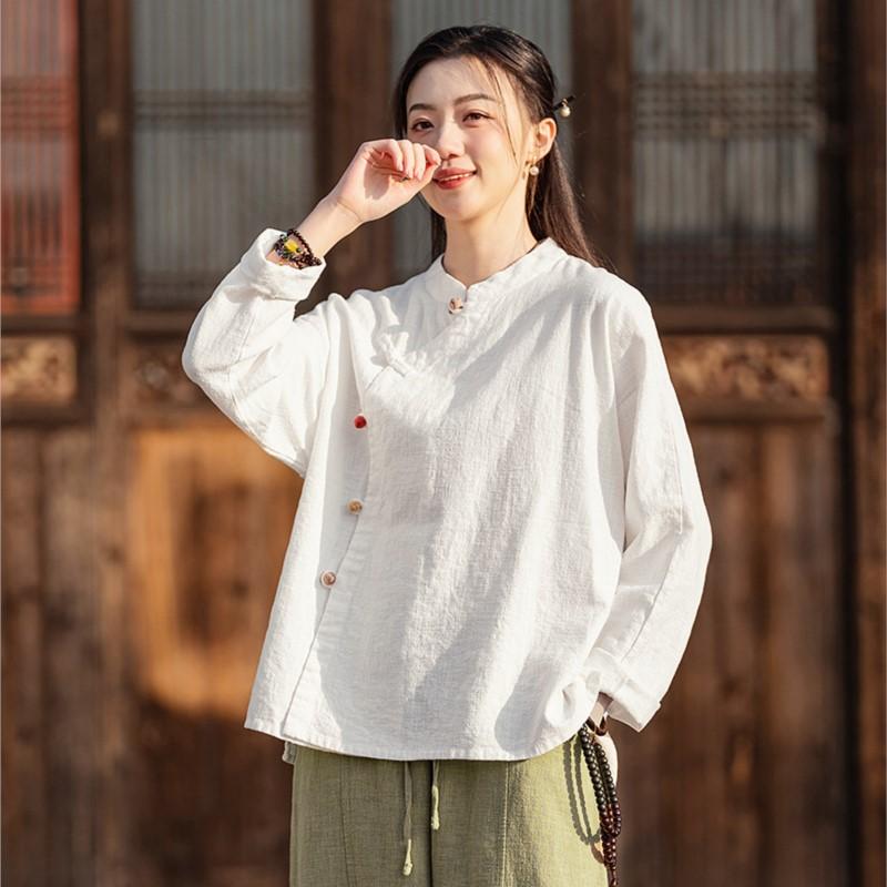

Johnature Women Vintage Shirts Tops Stand Long Sleeve Spring Blouses Button Solid Color Chinese Style Shirts One Size белый