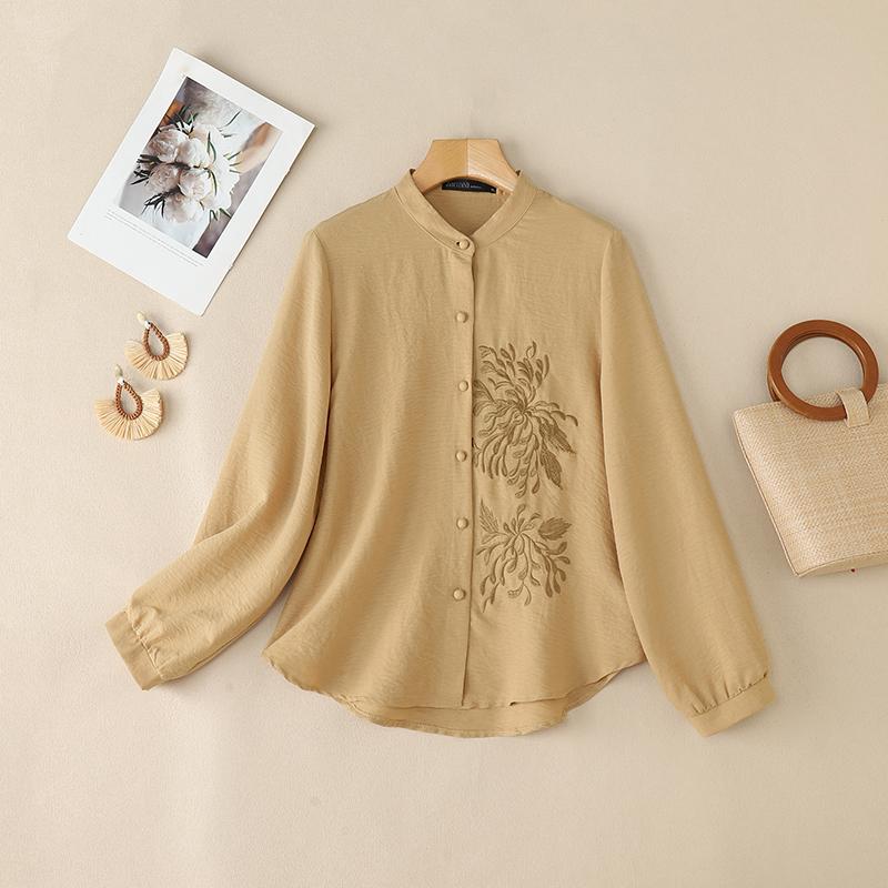 

ZANZEA Women Casual Stand Collar Loose Long Sleeve Embroidery Blouse S хакі