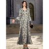 Middle East New Fashion Print V-neck Satin Jacquard Hand Sewing Beads Dress Handmade Beaded Dress