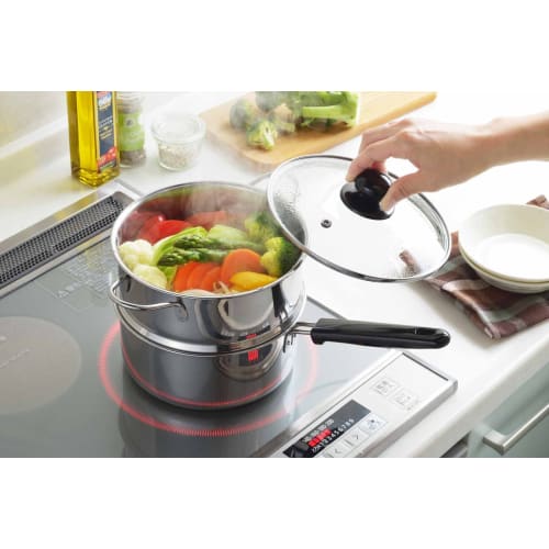 Yoshikawa SJ3357 Stainless Steel Two-Tier Steamer, 18cm, for Steamed Food, Gas and Induction Compatible