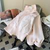 Women Pink Short Puffer Jacket Knitted Sleeves Zip Up Winter Warm Coat Ribbed Hem