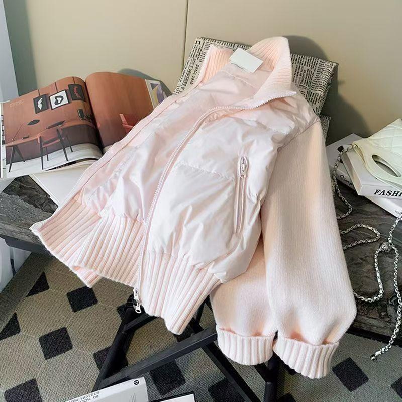 Women Pink Short Puffer Jacket Knitted Sleeves Zip Up Winter Warm Coat Ribbed Hem