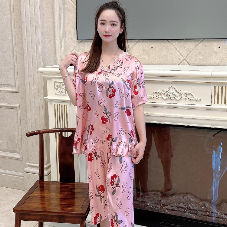 Pyžama Summer Capris Dámské Pyžamové soupravy Krátké Rukávy Elegantní Pižama Satén Hedvábí Povlečení na spaní Domácí oblečení