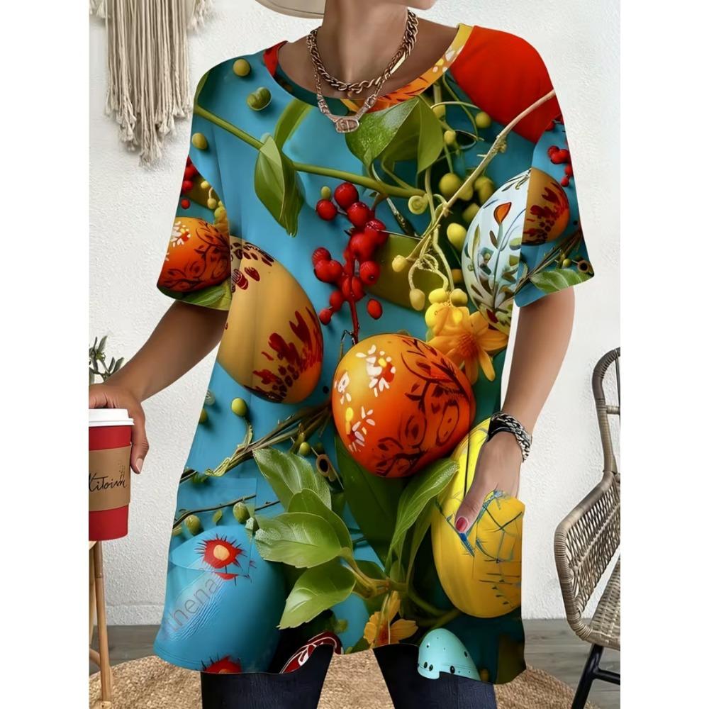Women's Summer Short Sleeved T-shirt, 3D Printed Pocket T-shirt, Casual Plus Size T-shirt