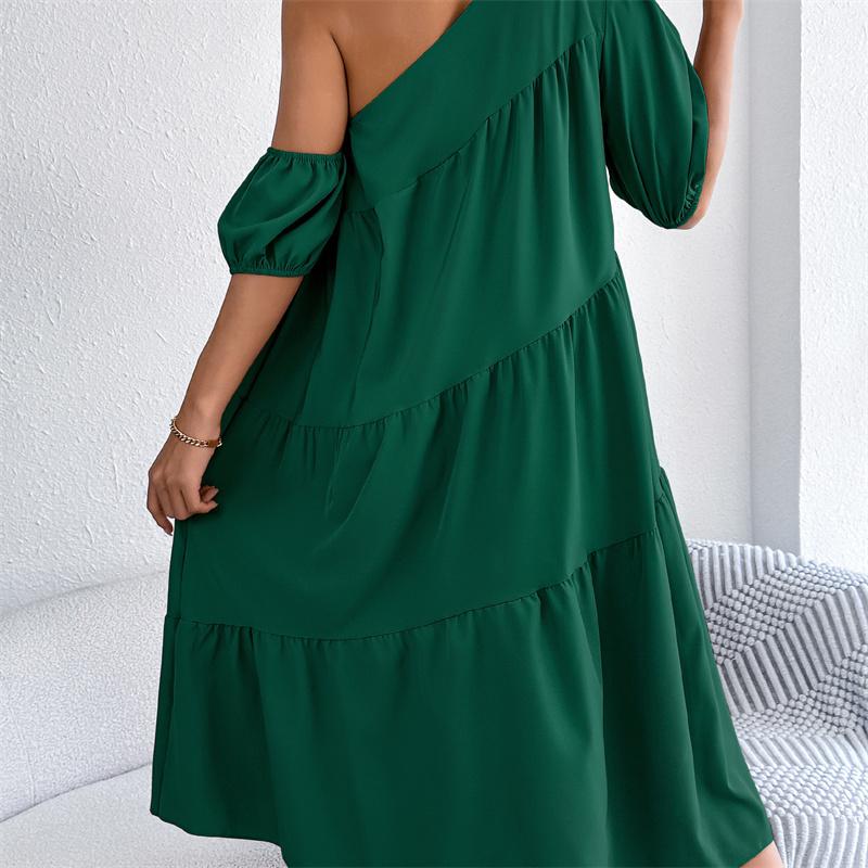2026 Spring Summer Women's Off Shoulder Short Sleeved Ruffled Hem Long Skirt S-XL