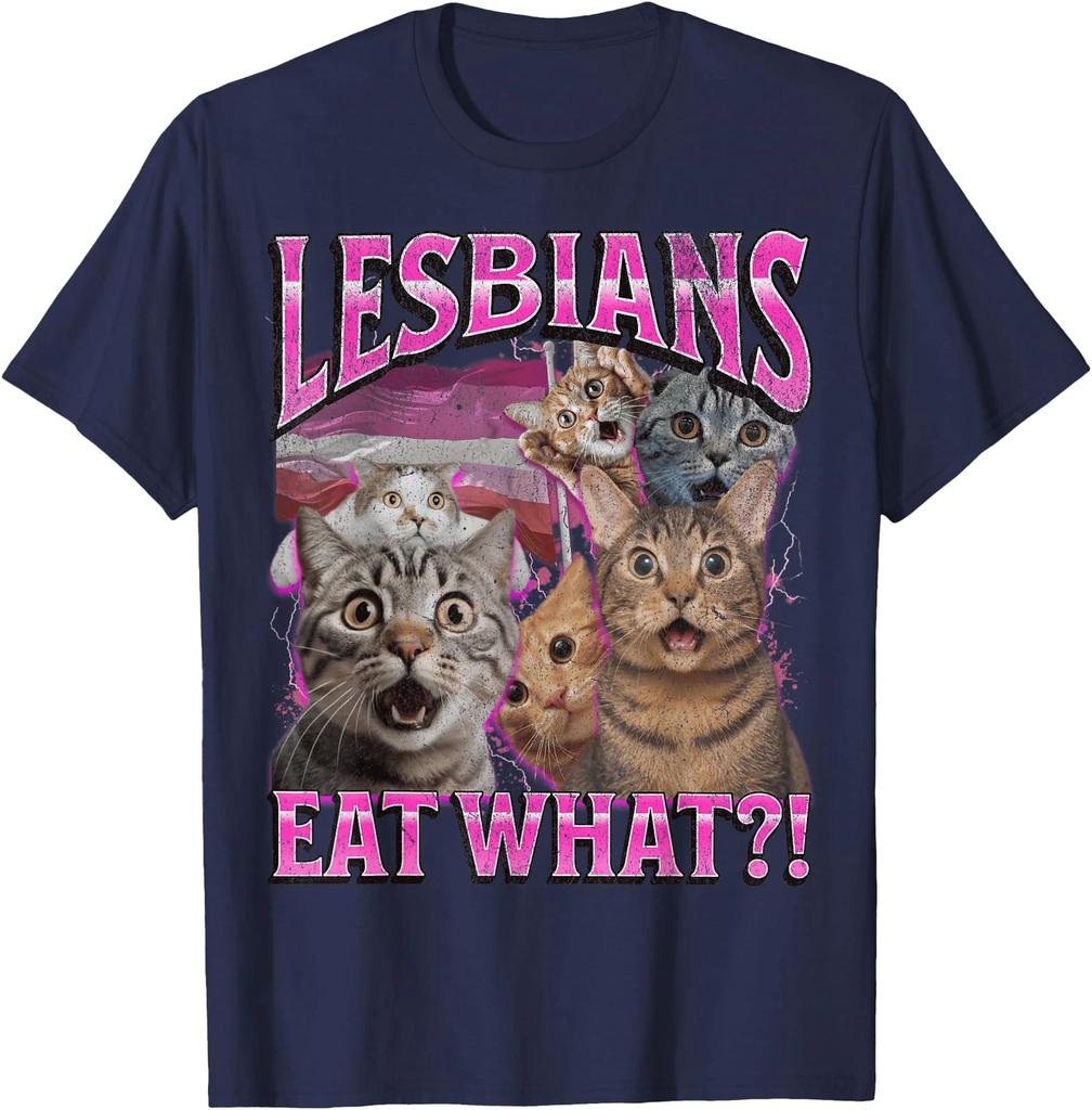 Lesbians Eat What Funny Cat Gay Pride LGBTQ Pun Bootleg TShirt Clothing Graphic Short Sleeve Shirt Men Women AllSeason