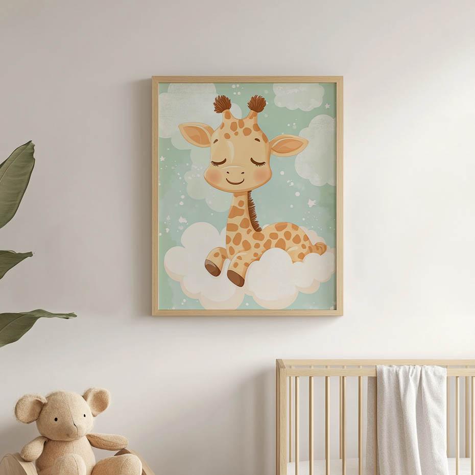 Plakat Żyrafa Na Chmurce Plakat Żyrafa Na Chmurce, 30X40 Cm, Rama Drewniana Jasny Dąb, Papier Matowy 230 Gsm