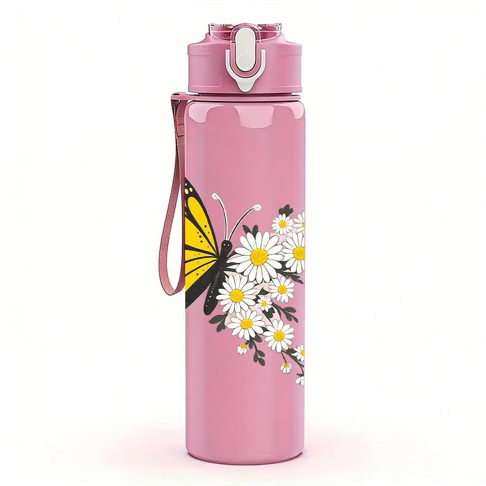 1PC Yellow Butterfly Daisy Flower Print 750ml Color Plastic Sports Water Bottle Leakproof Flip Straw Lid Suitable for Sports Office Home Use