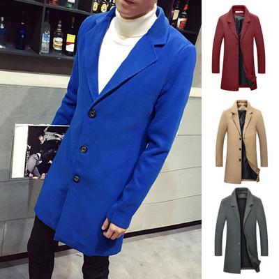 Men Fall Winter Trench Coat Thick Long Sleeve Turn-down Collar Slim Fit Windproof Solid Color Single-breasted Mid Length Buttons Men Formal Jacket