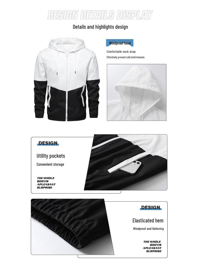 Men's Patchwork Color Block Hooded Jacket & Athletic Set for Spring/Autumn