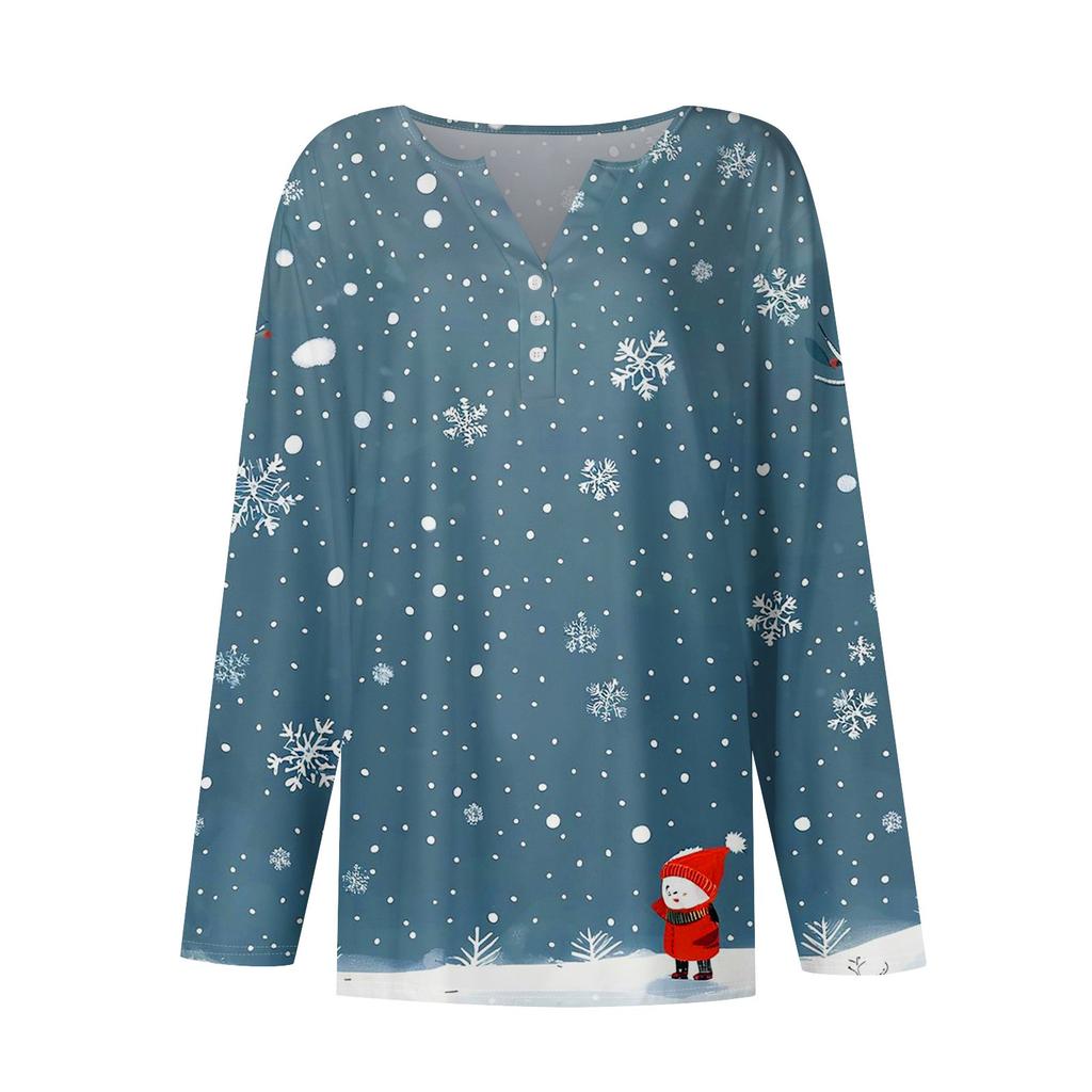 Women's Fashion Casual V-Neck Long Sleeve Christmas Printed T-Shirt Top