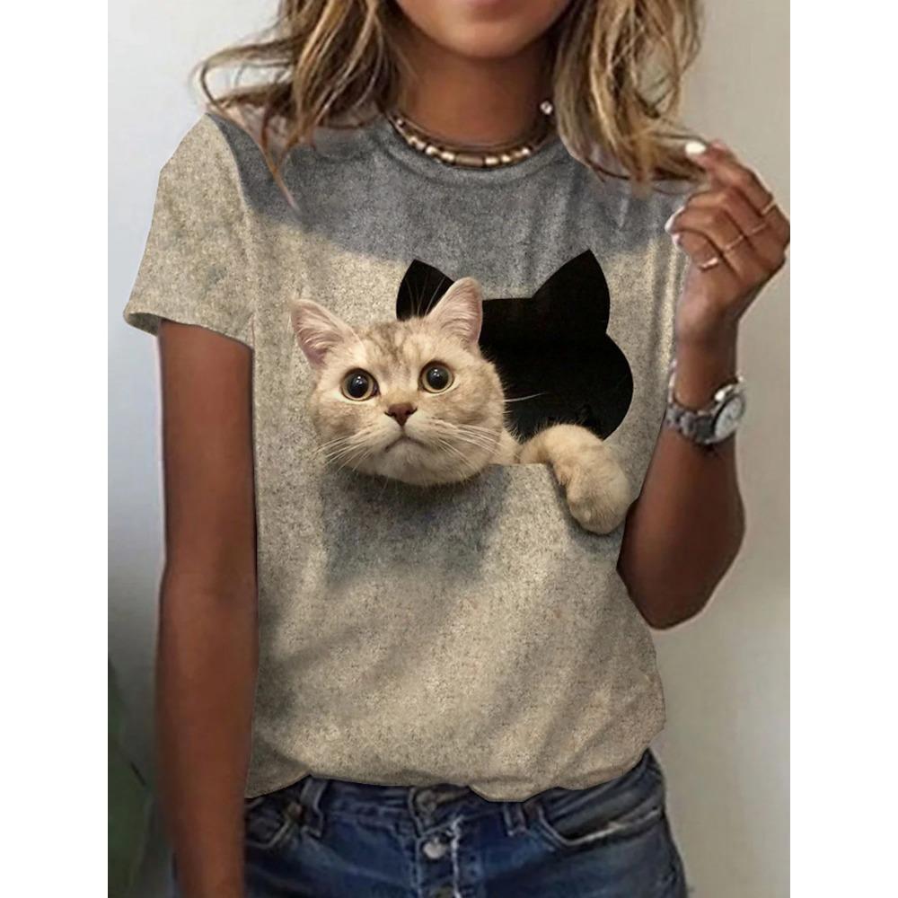 Women 3d Cute Cat Print Fashion Y2k Tops Kawaii Oversized Summer O-Neck Top