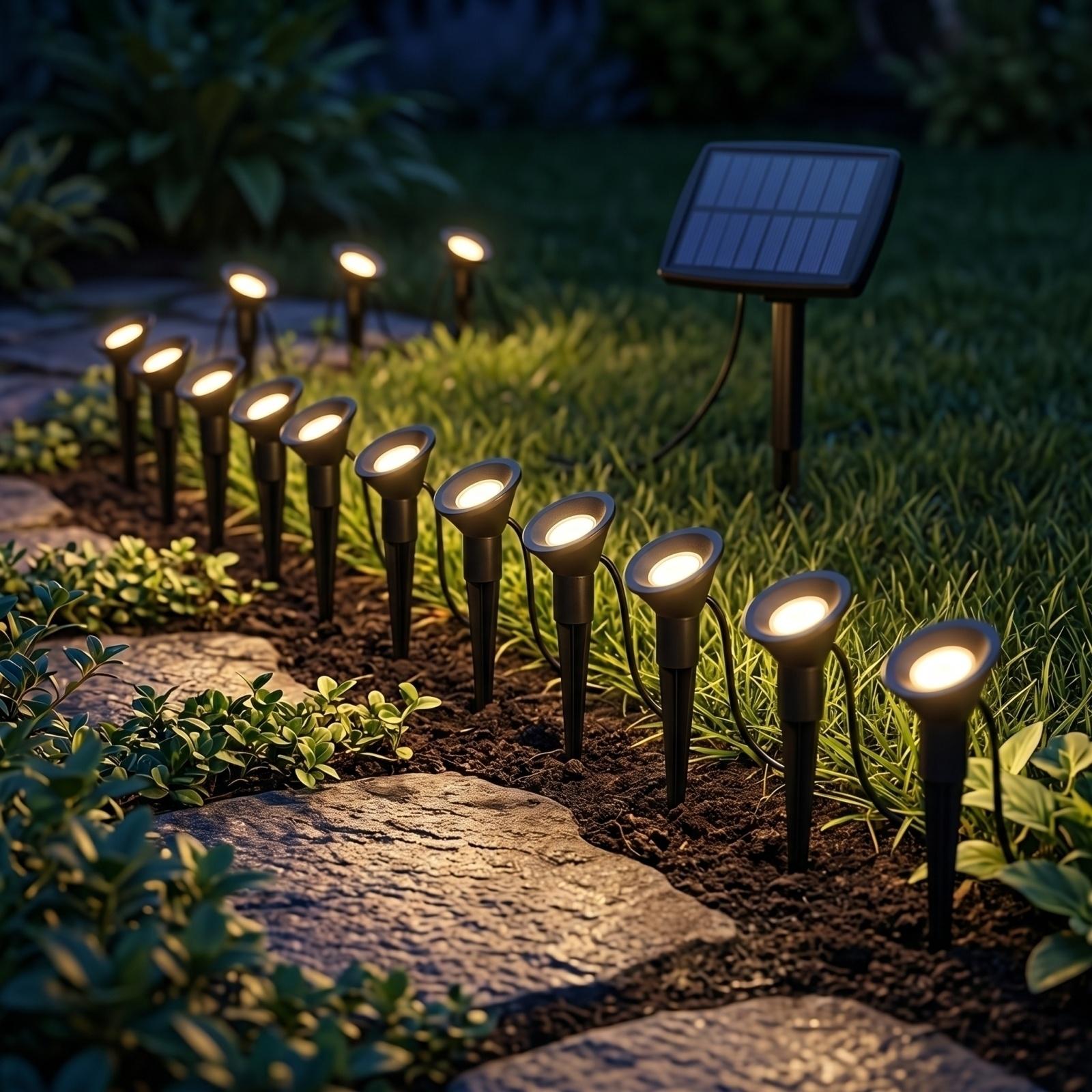 

Solar Pathway Lights Outdoor Waterproof Garden Lighting Set with One Solar Panel and Ten Connected LED Lamps for Landscape Decoration one size чорний