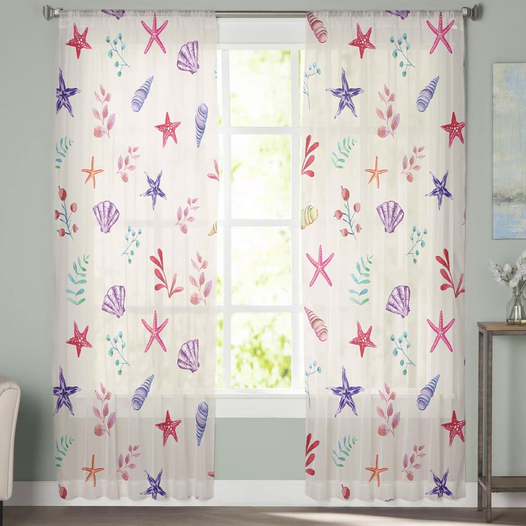Flower Leaves Shell Starfish Sheer Curtains For Living Room Bedroom Kids Room Tulle Window Treatment Drapes