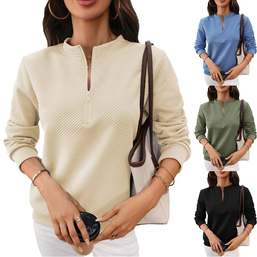 Women's Quarter Zip Sweatshirt Long Sleeve Textured Loose Pullover Solid Color Casual Top Autumn Winter