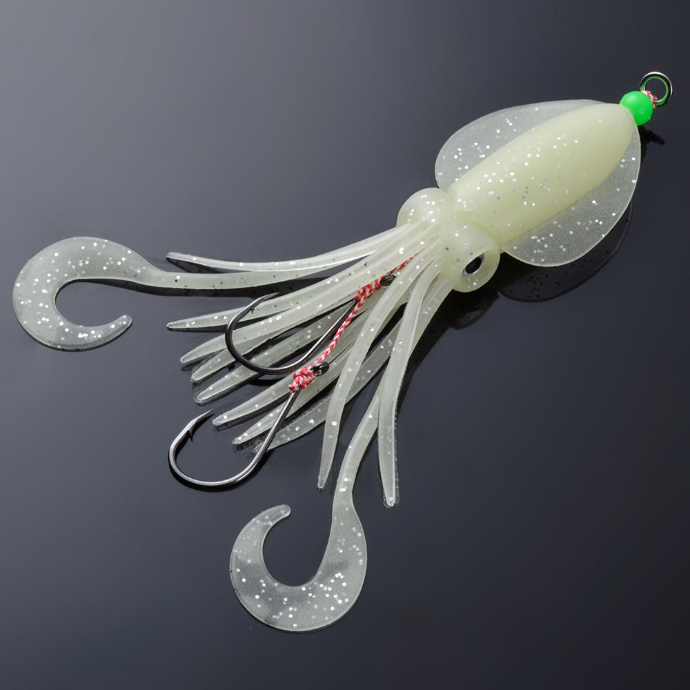 FTK 1/3/5/10pcs Saltwater Squid Lure Set, 5.83inch (approx. 14.8 Cm) Glow-in-the-dark Lure, Includes 2 X 6/0 Hooks with Squid-mimicking Lure