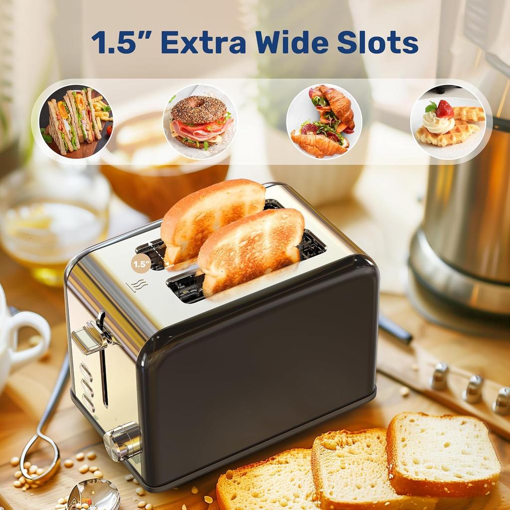 Stainless Steel 2-Slice Toaster, 6 Browning Setting and 3 Function Toaster, Extra Wide Slot, for Bread & Waffle, B