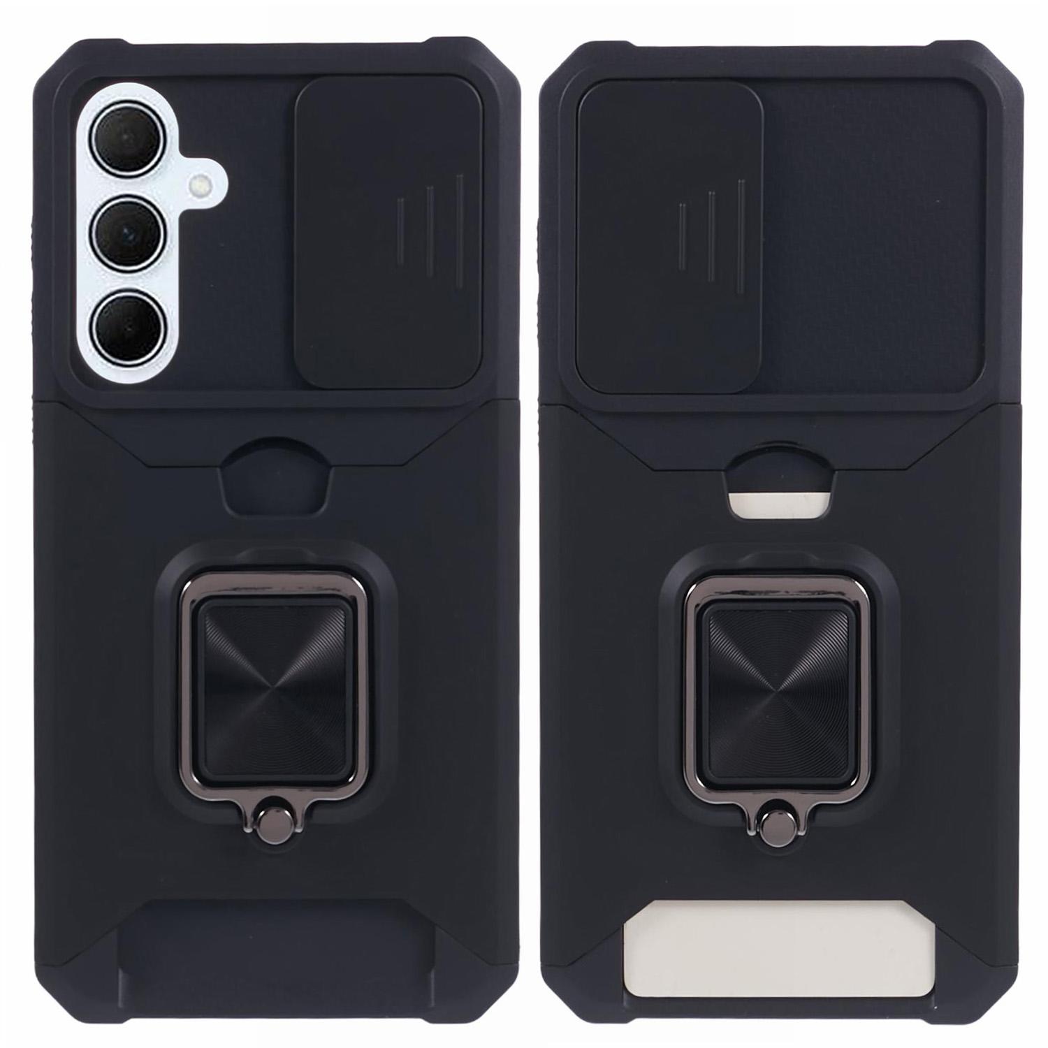 

For Samsung Galaxy A56 5G Kickstand Case Slide Lens Lid PC+TPU Phone Cover with Card Slot Black