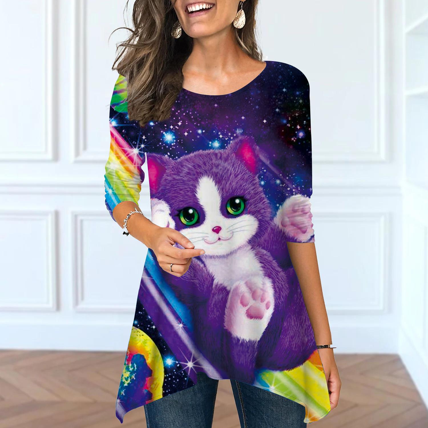 

Женские весенние топы с круглым вырезом и принтом «Любовь и панда», модные футболки с длинными рукавами и неровным подолом 8XL фиолетовый