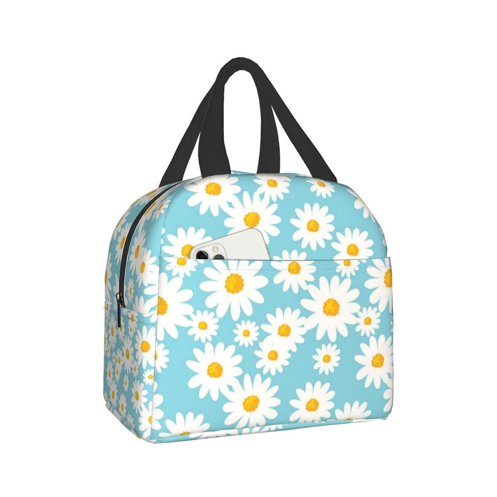 Insulated Lunch Box Daisy Flower Lunch Bag Spring Floral Reusable Bag Flowers Blue Cooler Tote Bags for Kids Teens Adults Girls