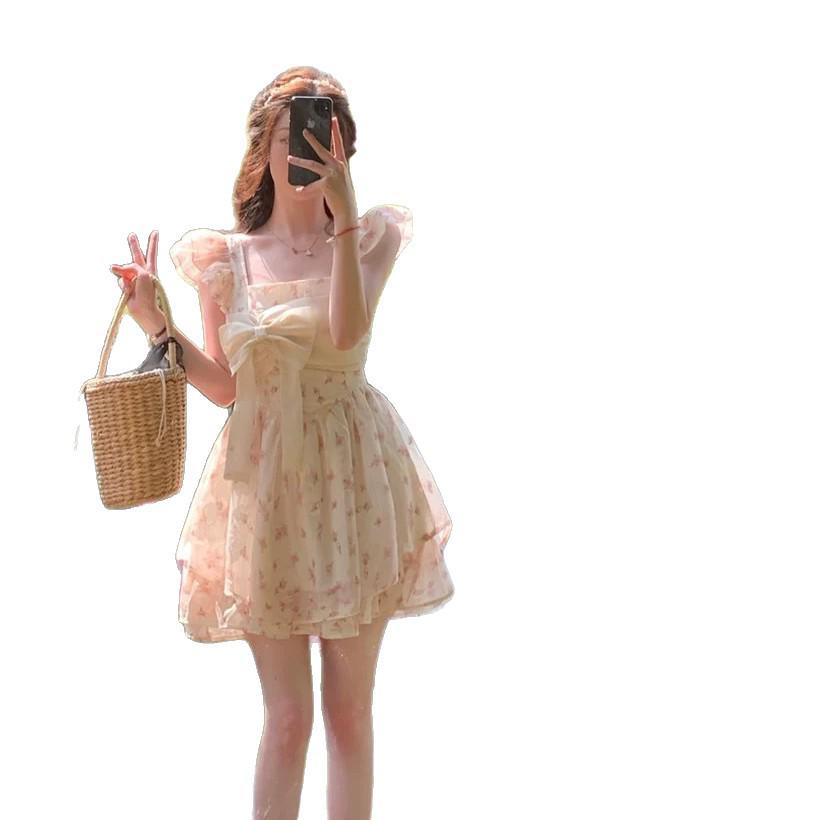 2026 Floral Off-Shoulder Puff Sleeve Spring/Summer Dress for Women - Slimming, Waist-Cinched, Short Sleeves, Sweet Super Fairy Style