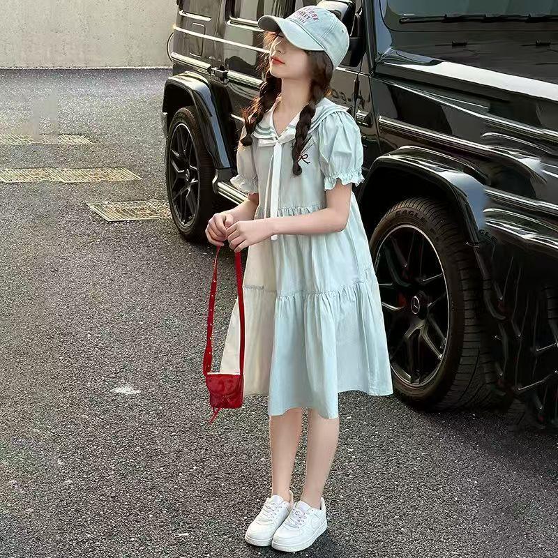 Girls Navy Collar Short Sleeve Dress Preppy Princess Skirt For Big Kids Students Summer Wear