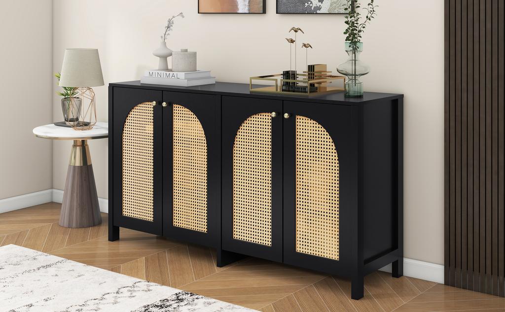 Modern Sideboard In Minimalist Style 4-rattan Door, Metal Handle Simple Buffet Cabinet for Dining Room, Living Room, Kitchen (black)