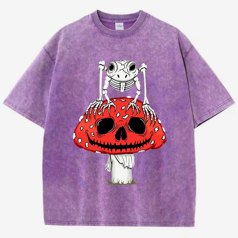 Cottagecore Mushrooms Skeleton Frog Print Women Washed T Shirt Summer Cotton T-Shirt Casual O-Neck Clothes