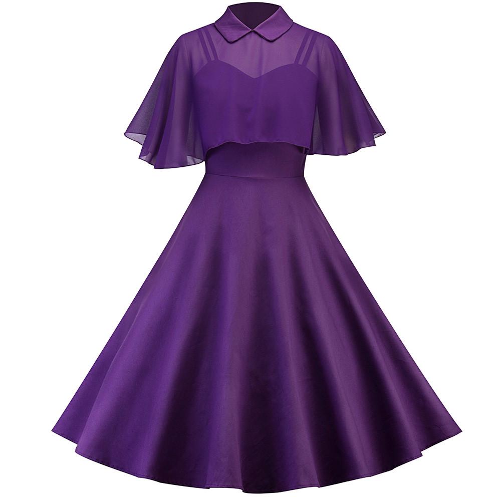 Women's Solid Color Lace Long Skirt Cloak Stand Collar Short Sleeve Dress