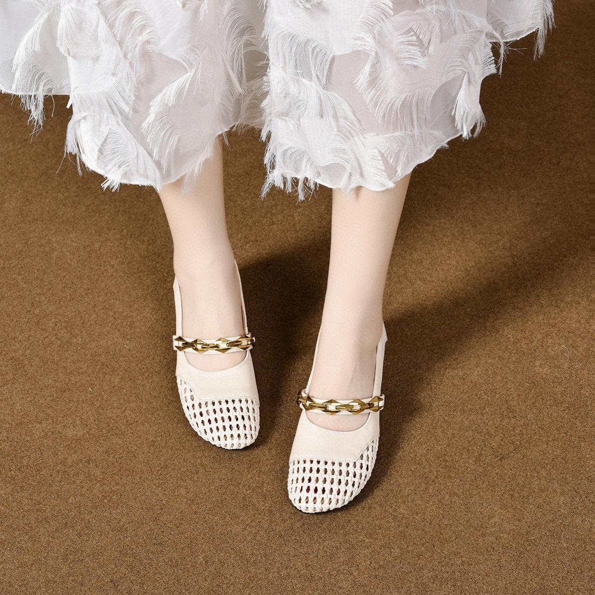 

Женские летние сандалии, новые идиллические плетеные сандалии с ремешком через подъем, женская обувь с полым сетчатым верхом, сандалии на низком каблуке 41 бежевый