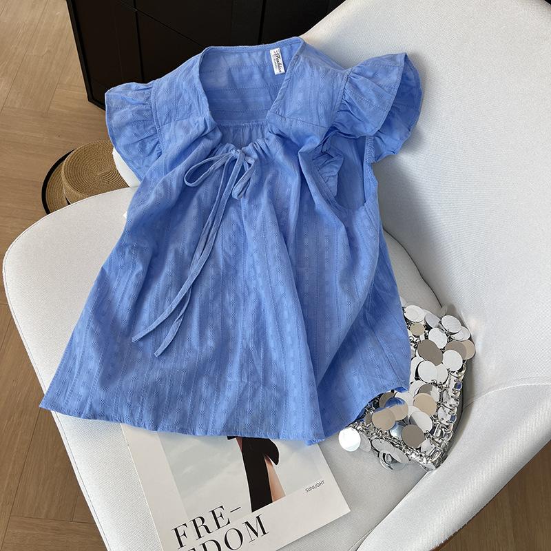 

Женская рубашка с короткими рукавами на шнуровке, лето 2025, новая, с оборками, на кулиске, свободная, маленькая свежая майка без рукавов XXXL [Recommended 138-75kg] синий