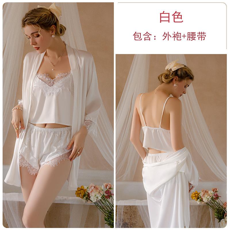 Women's Solid Satin Lace Cami Top Shorts with Robe Lounge Set