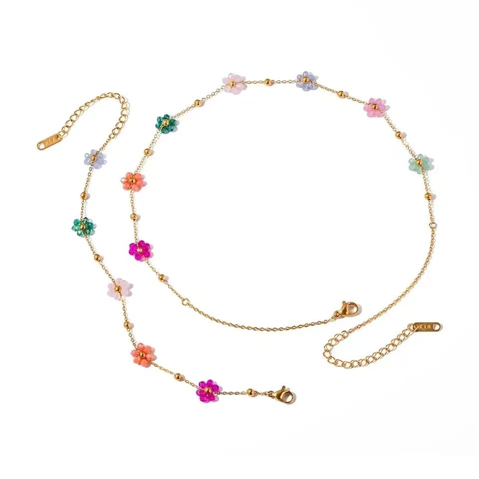 Colorful Flower Chain Stainless Steel Necklace Bracelet Set Plating Waterproof Zircon For Ins Exquisite Zircon