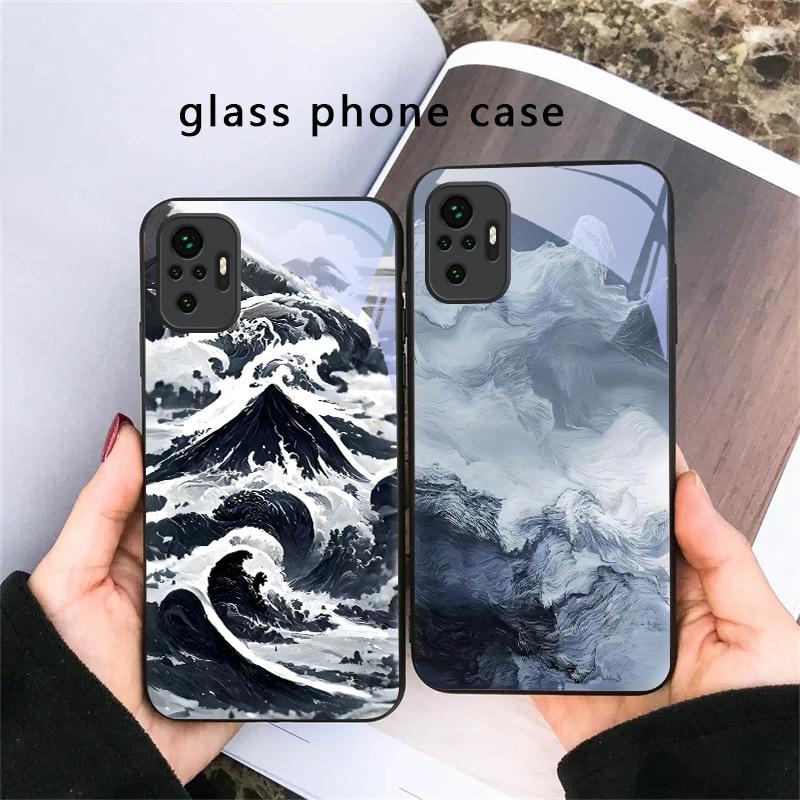 Abstrakte Moderne Wellen Für Redmi Note 14 Pro+ 13 Pro 8 9 9S 12S 10 Pro 11 12 13C 14C A3 12 13 K60 Ultra Schwarze Glas Handyhülle