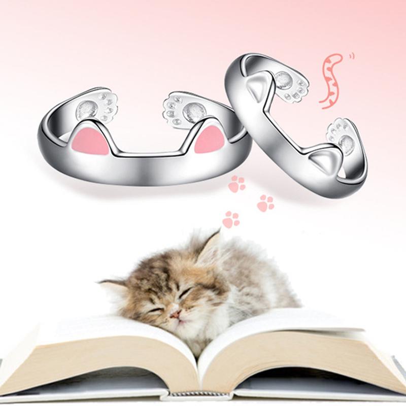 2Pcs Cute Cat Rings for Women Girls Adjustable Cat Ears Paw Animal Finger Ring Couple Cartoon Little Cat Kitten Gift Jewelry