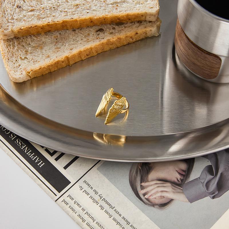 Minimalist 18K Gold Color Plated Angel Wings Open Rings Trendy Waterproof Stainless Steel Jewelry