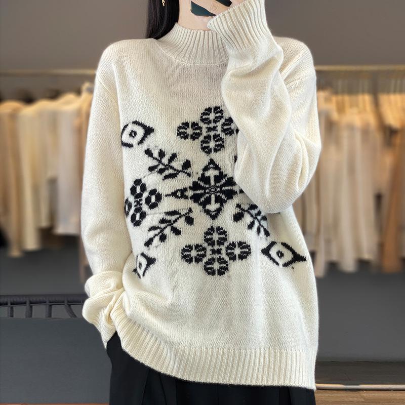 Women's High Neck Snowflake Wool Sweater - Autumn/Winter Color Block Knit Top