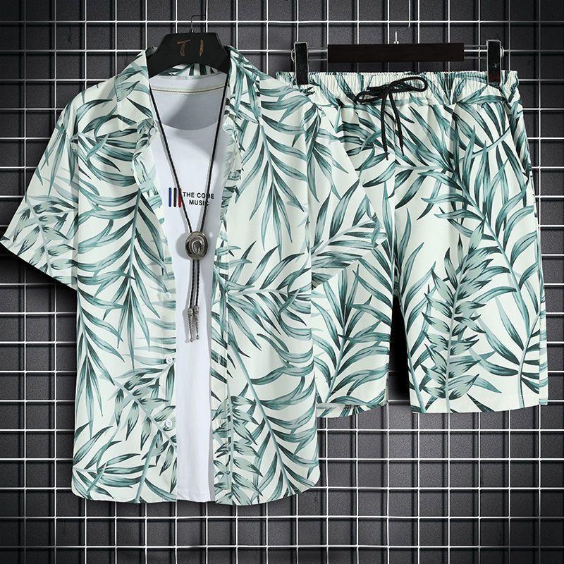 Hawaiian Beach Flower Shirt Men's Hong Kong Style Retro Style Short Sleeved Shirt Set Casual Two-piece Set
